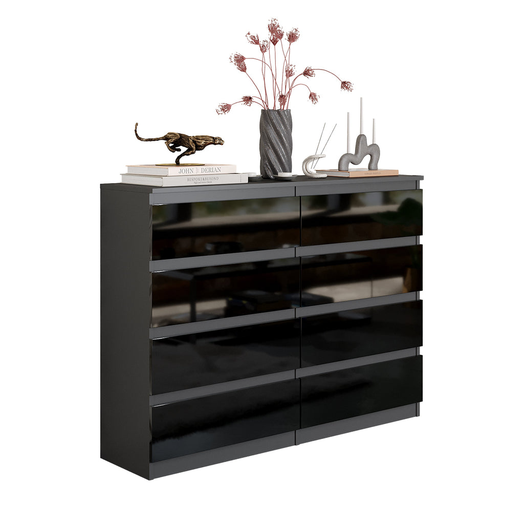 VINCENT Dressoir / Sideboard met 8 Laden – Antraciet / Zwart Hoogglans, MFC, H92 × B120 × D33 cm