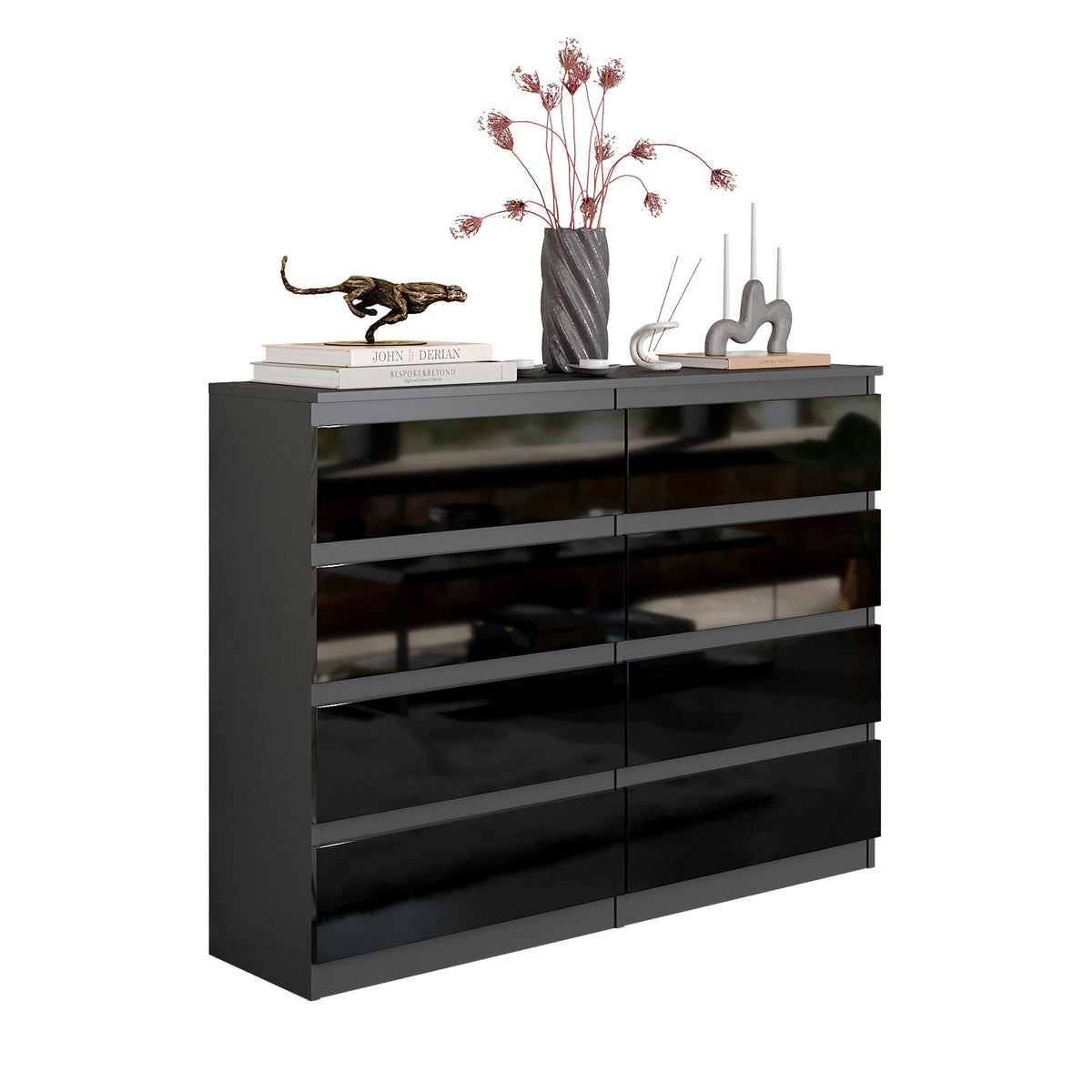 VINCENT Dressoir / Sideboard met 8 Laden – Antraciet / Zwart Hoogglans, MFC, H92 × B120 × D33 cm