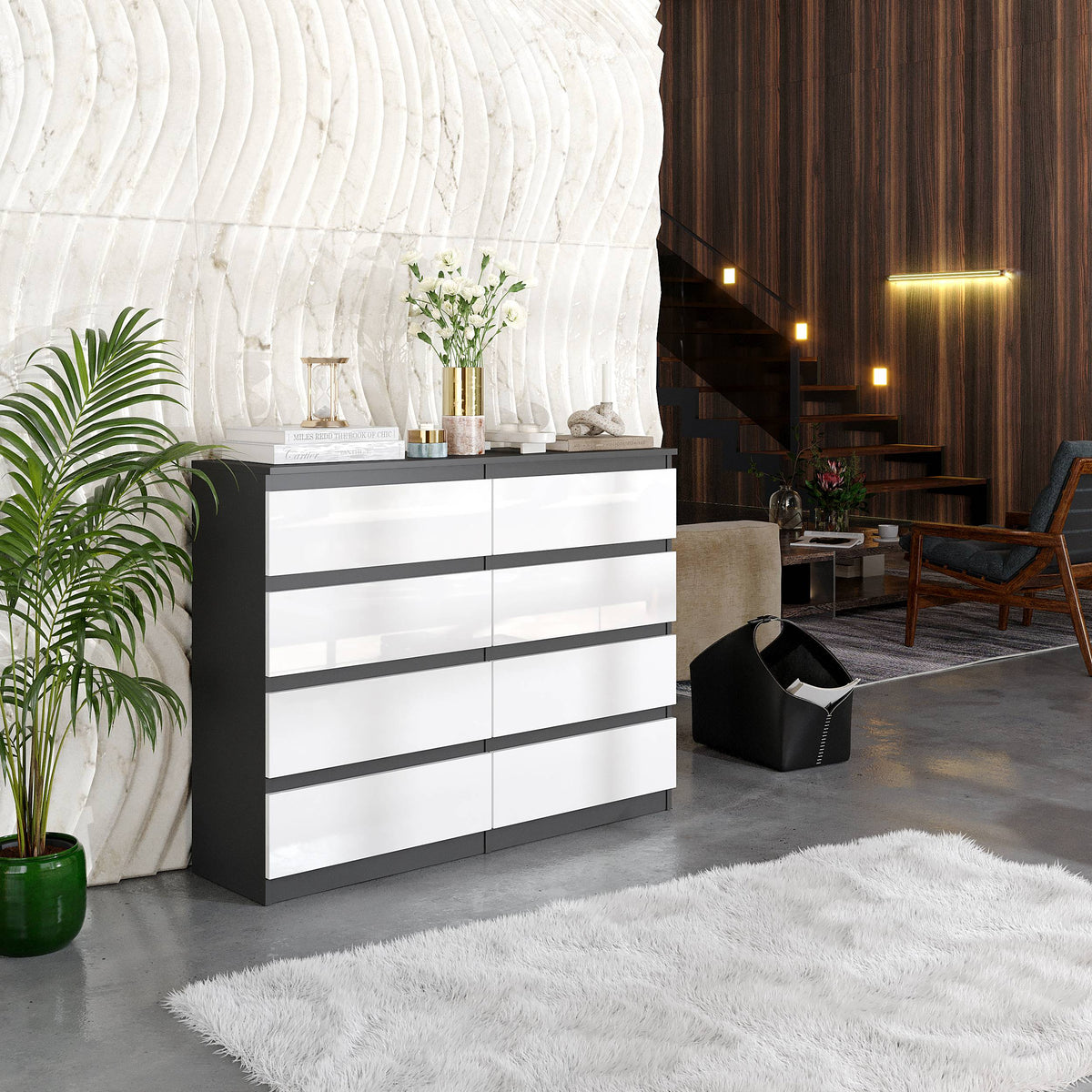LEON Dressoir / Sideboard met 8 Laden – Antraciet/Wit Hoogglans, MFC, H92 × B120 × D33 cm