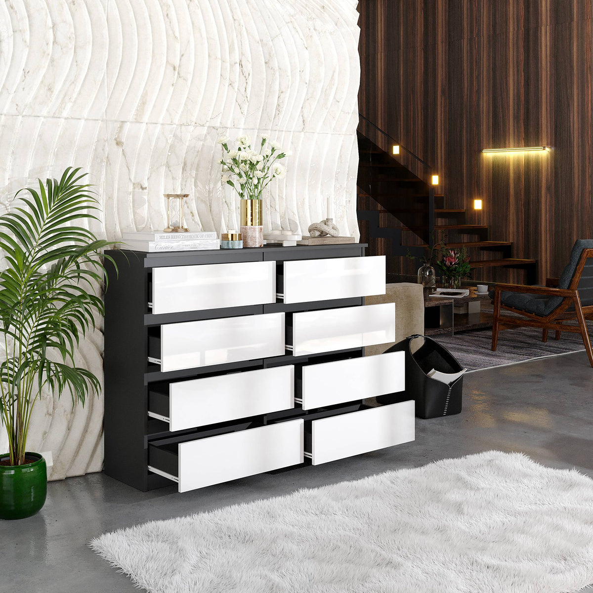LEON Dressoir / Sideboard met 8 Laden – Antraciet/Wit Hoogglans, MFC, H92 × B120 × D33 cm