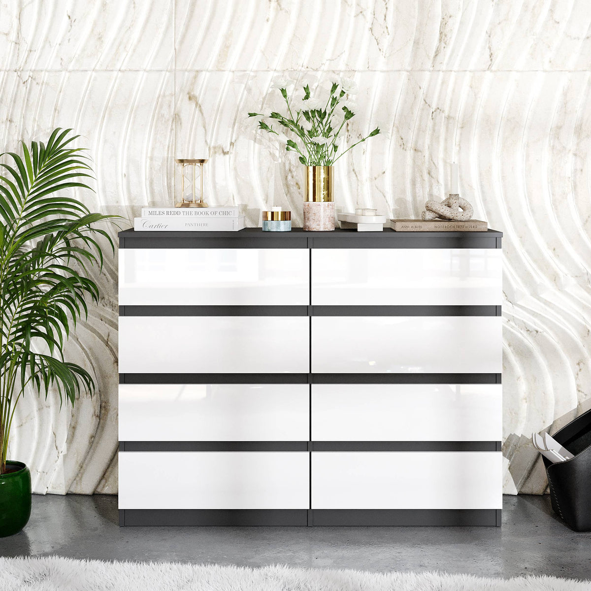 LEON Dressoir / Sideboard met 8 Laden – Antraciet/Wit Hoogglans, MFC, H92 × B120 × D33 cm
