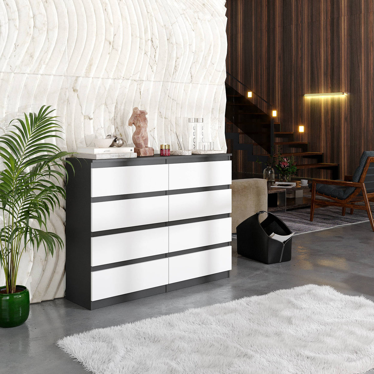 JOEL Dressoir / Sideboard met 8 Laden – Antraciet/Wit Mat, MFC, H92 × B120 × D33 cm