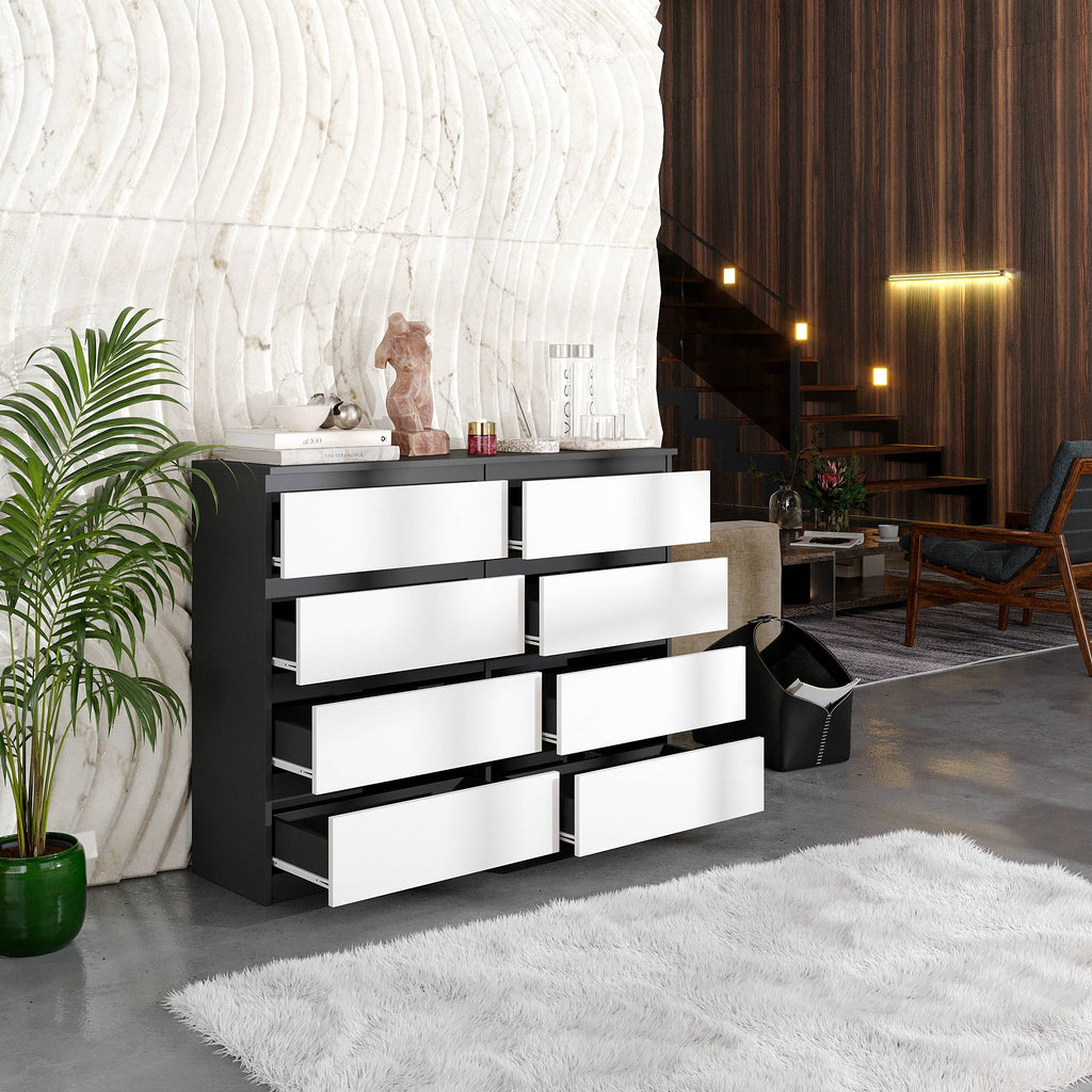 JOEL Dressoir / Sideboard met 8 Laden – Antraciet/Wit Mat, MFC, H92 × B120 × D33 cm