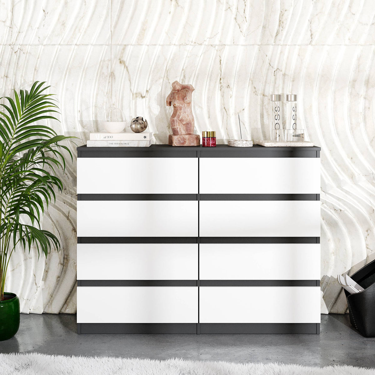 JOEL Dressoir / Sideboard met 8 Laden – Antraciet/Wit Mat, MFC, H92 × B120 × D33 cm