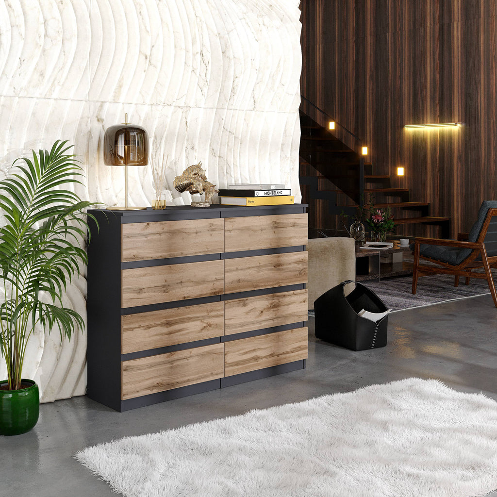 ARJEN Ladekast 120 x 92 x 33 cm – Dressoir met 8 Lades, Antracietgrijs & Wotan Eiken, MFC