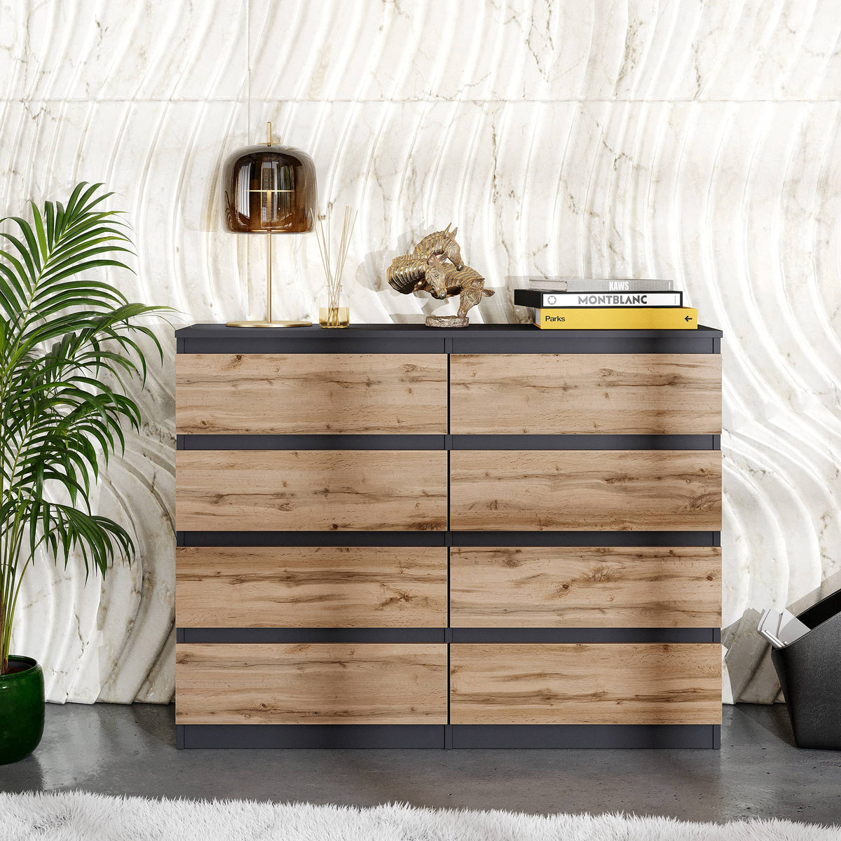 ARJEN Ladekast 120 x 92 x 33 cm – Dressoir met 8 Lades, Antracietgrijs & Wotan Eiken, MFC