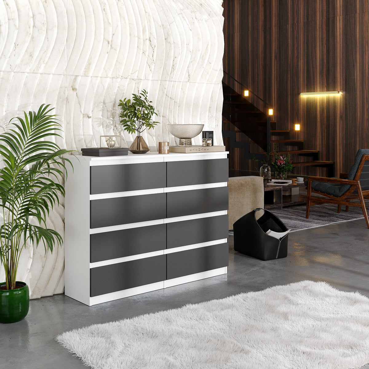 NOAH Dressoir / Sideboard met 8 Laden – Wit Mat / Antraciet, MFC, H92 × B120 × D33 cm