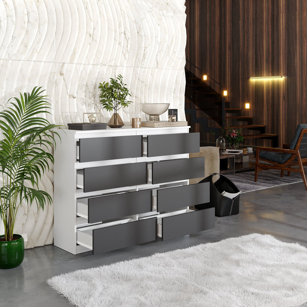 NOAH Dressoir / Sideboard met 8 Laden – Wit Mat / Antraciet, MFC, H92 × B120 × D33 cm