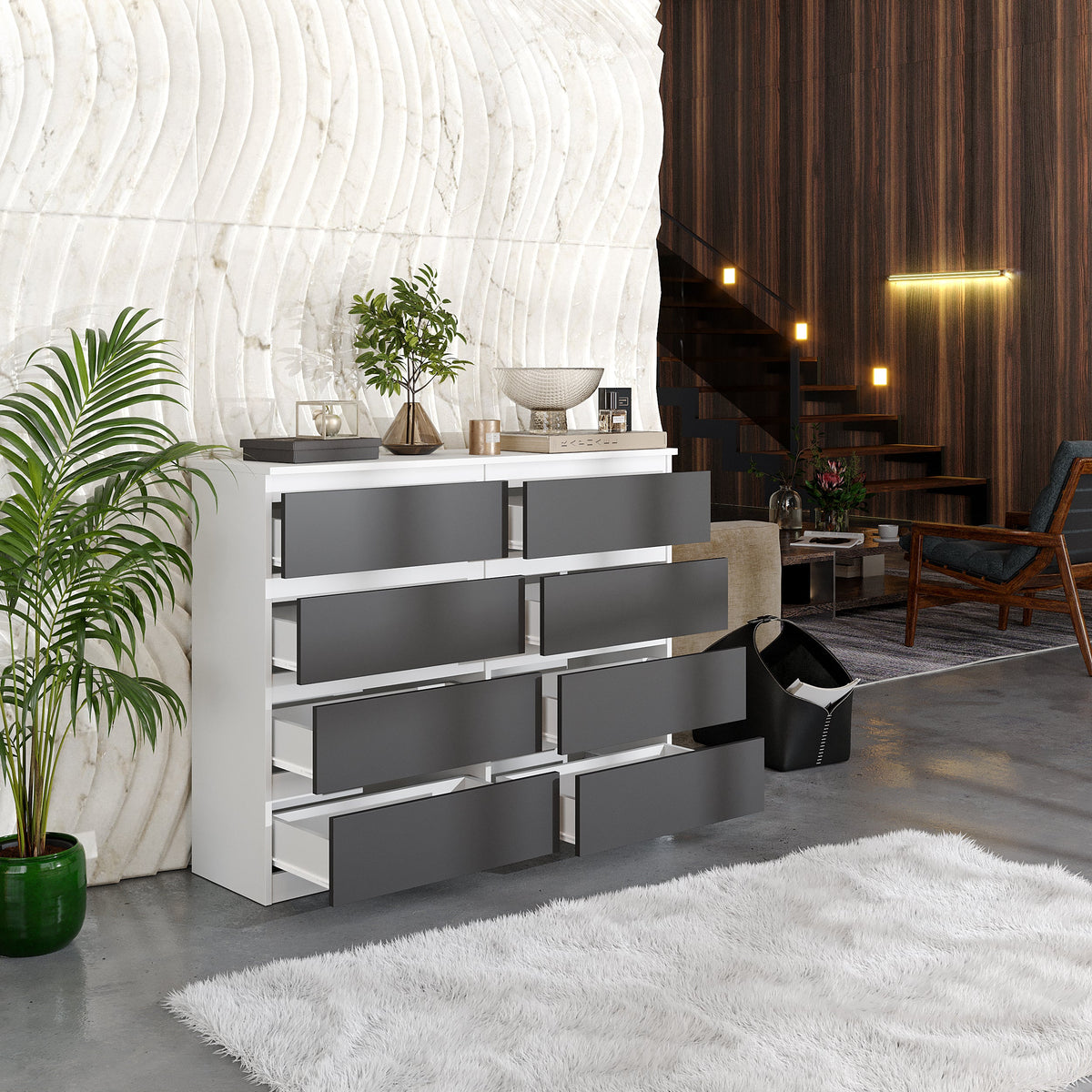 NOAH Dressoir / Sideboard met 8 Laden – Wit Mat / Antraciet, MFC, H92 × B120 × D33 cm