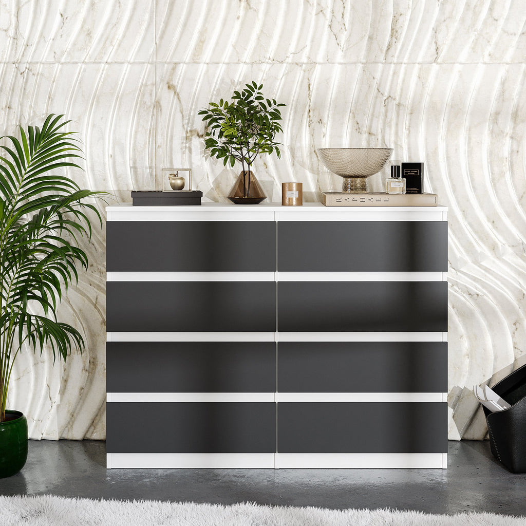 NOAH Dressoir / Sideboard met 8 Laden – Wit Mat / Antraciet, MFC, H92 × B120 × D33 cm
