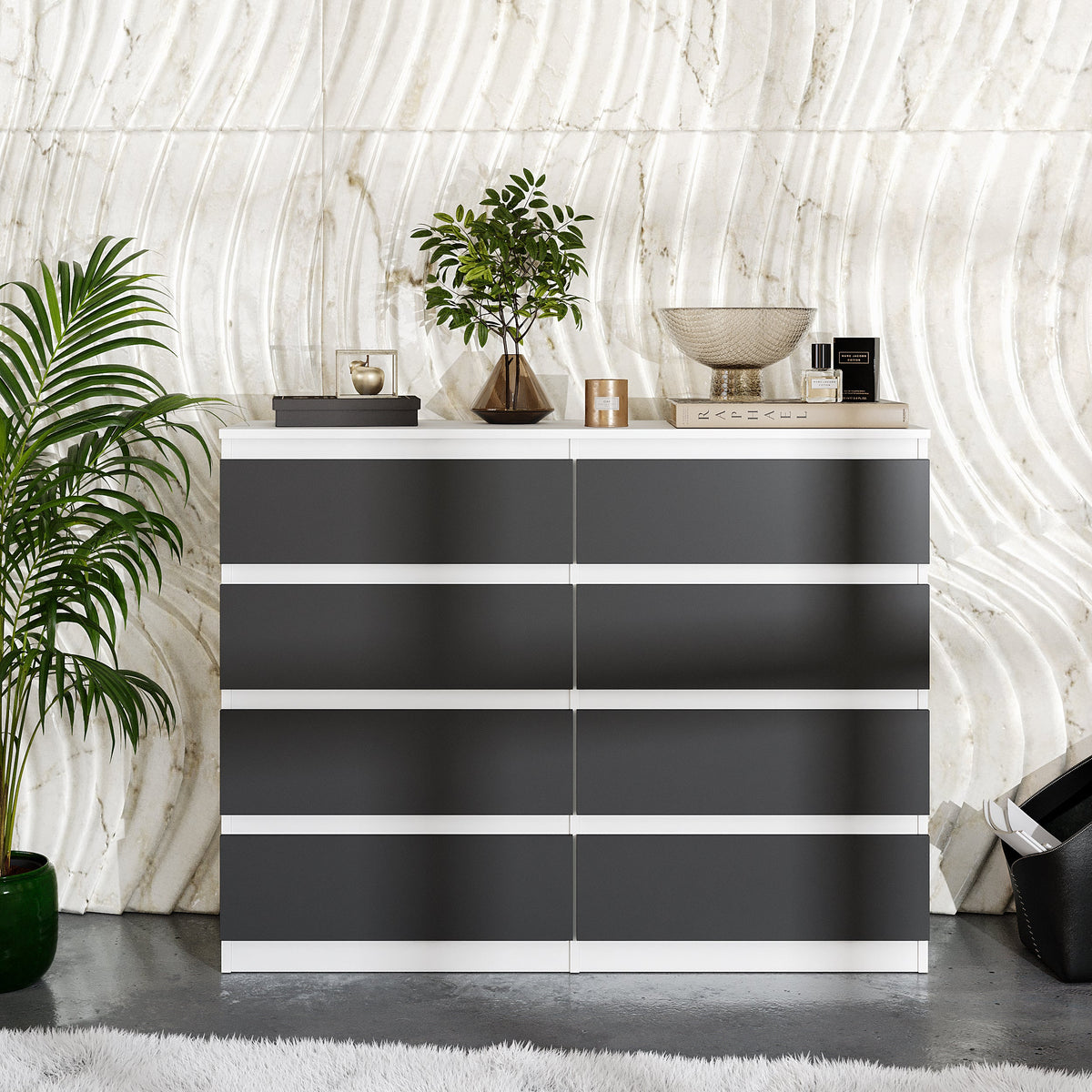 NOAH Dressoir / Sideboard met 8 Laden – Wit Mat / Antraciet, MFC, H92 × B120 × D33 cm