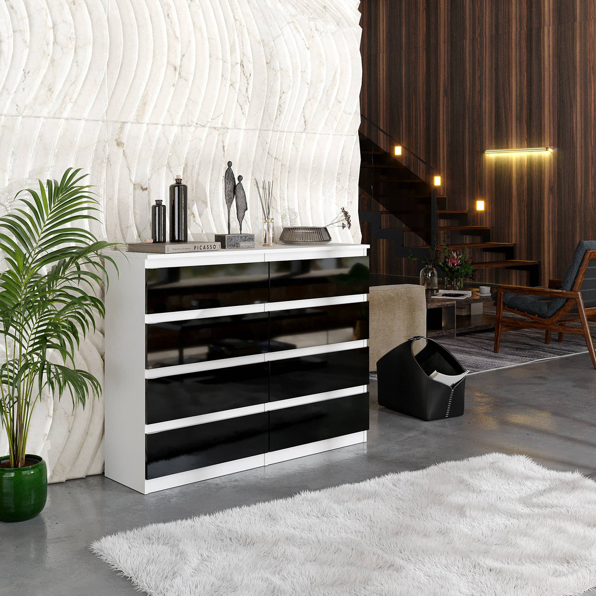 KESTER Ladekast 120 x 92 x 33 cm – Dressoir met 8 Lades, Mat Wit & Hoogglans Zwart, MFC