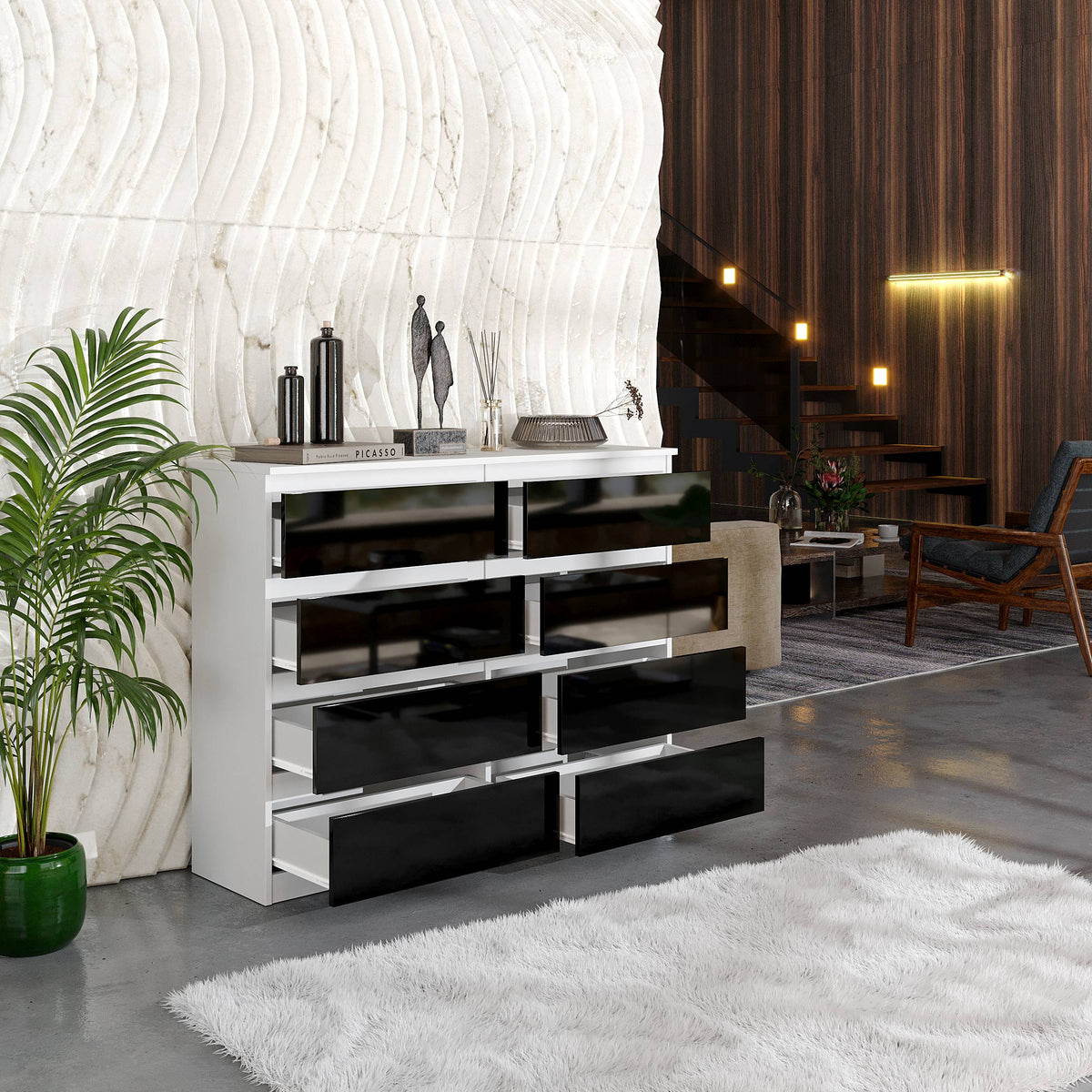 KESTER Ladekast 120 x 92 x 33 cm – Dressoir met 8 Lades, Mat Wit & Hoogglans Zwart, MFC
