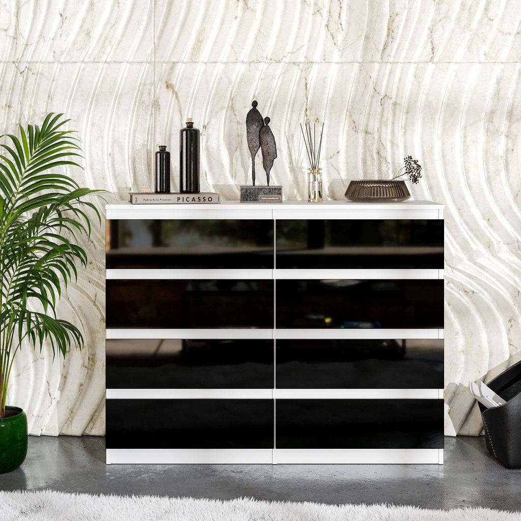 KESTER Ladekast 120 x 92 x 33 cm – Dressoir met 8 Lades, Mat Wit & Hoogglans Zwart, MFC