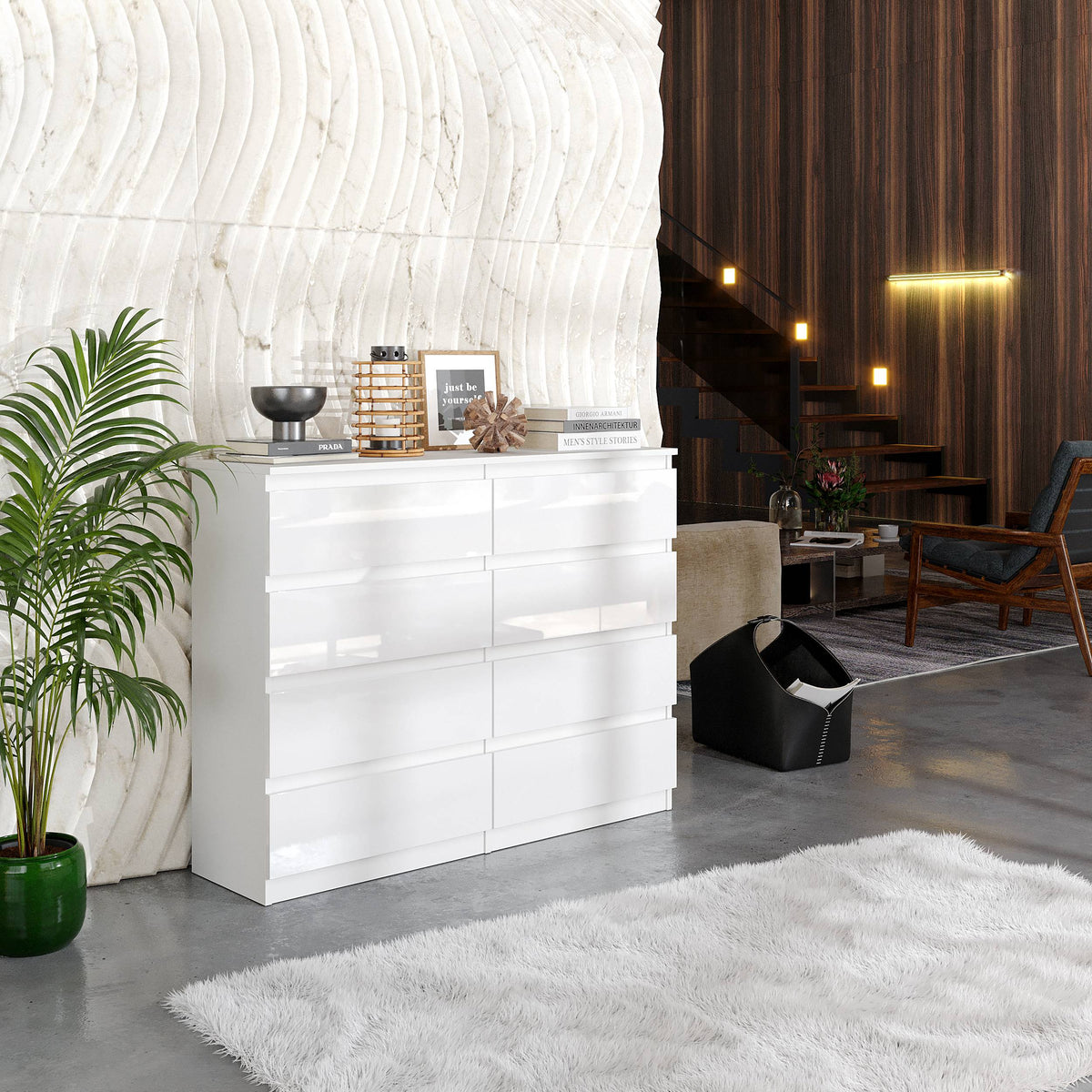 WILLEM Ladekast 120 x 92 x 33 cm – Dressoir met 8 Lades, Hoogglans Wit, MFC Opbergkast