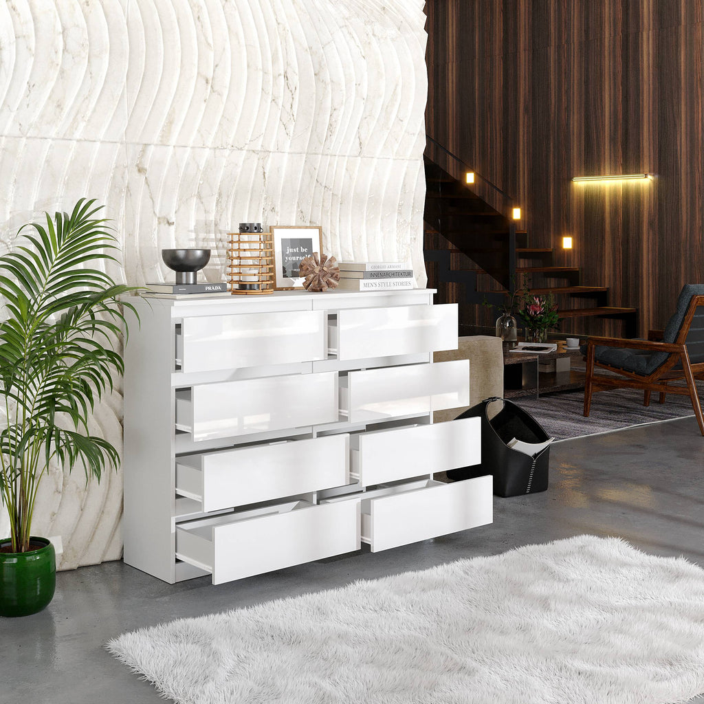 WILLEM Ladekast 120 x 92 x 33 cm – Dressoir met 8 Lades, Hoogglans Wit, MFC Opbergkast