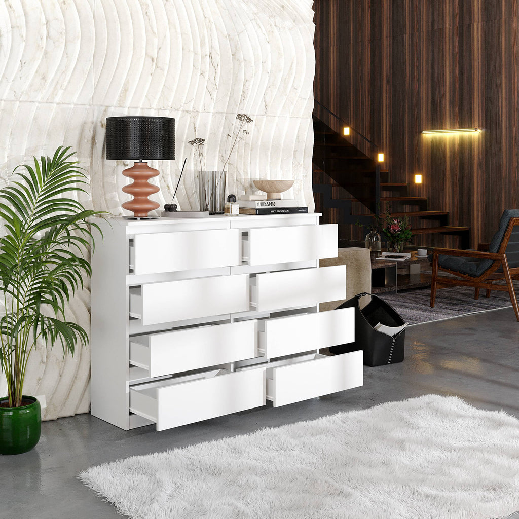AART Ladekast 120 x 92 x 33 cm – Dressoir met 8 Lades, Mat Wit, MFC Opbergkast