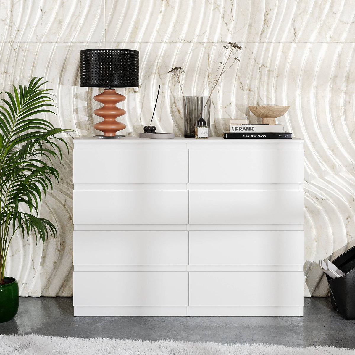 AART Ladekast 120 x 92 x 33 cm – Dressoir met 8 Lades, Mat Wit, MFC Opbergkast