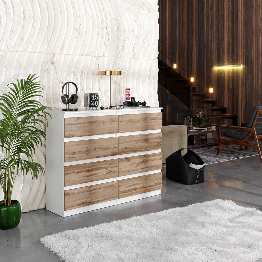 BASTIAN Ladekast 120x92x33 cm – Dressoir met 8 Lades, Mat Wit & Wotan Eiken, MFC