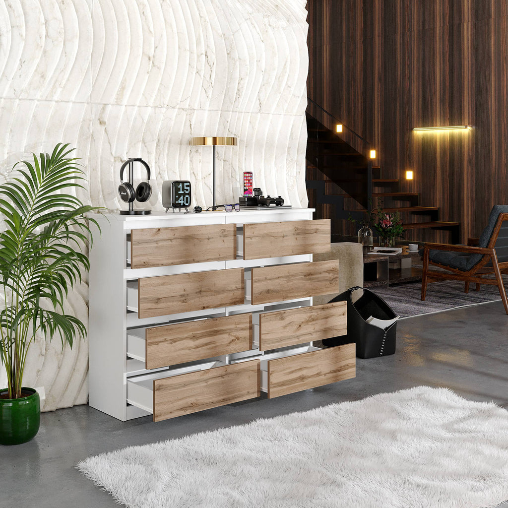 BASTIAN Ladekast 120x92x33 cm – Dressoir met 8 Lades, Mat Wit & Wotan Eiken, MFC