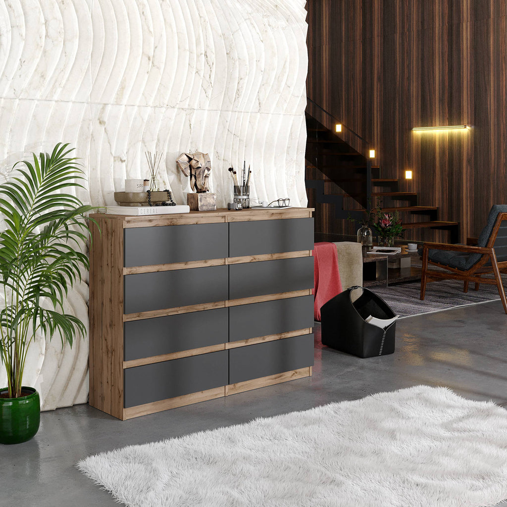 DANIEL Dressoir / Sideboard met 8 Laden – Wotan Eiken / Antraciet, MFC, H92 × B120 × D33 cm