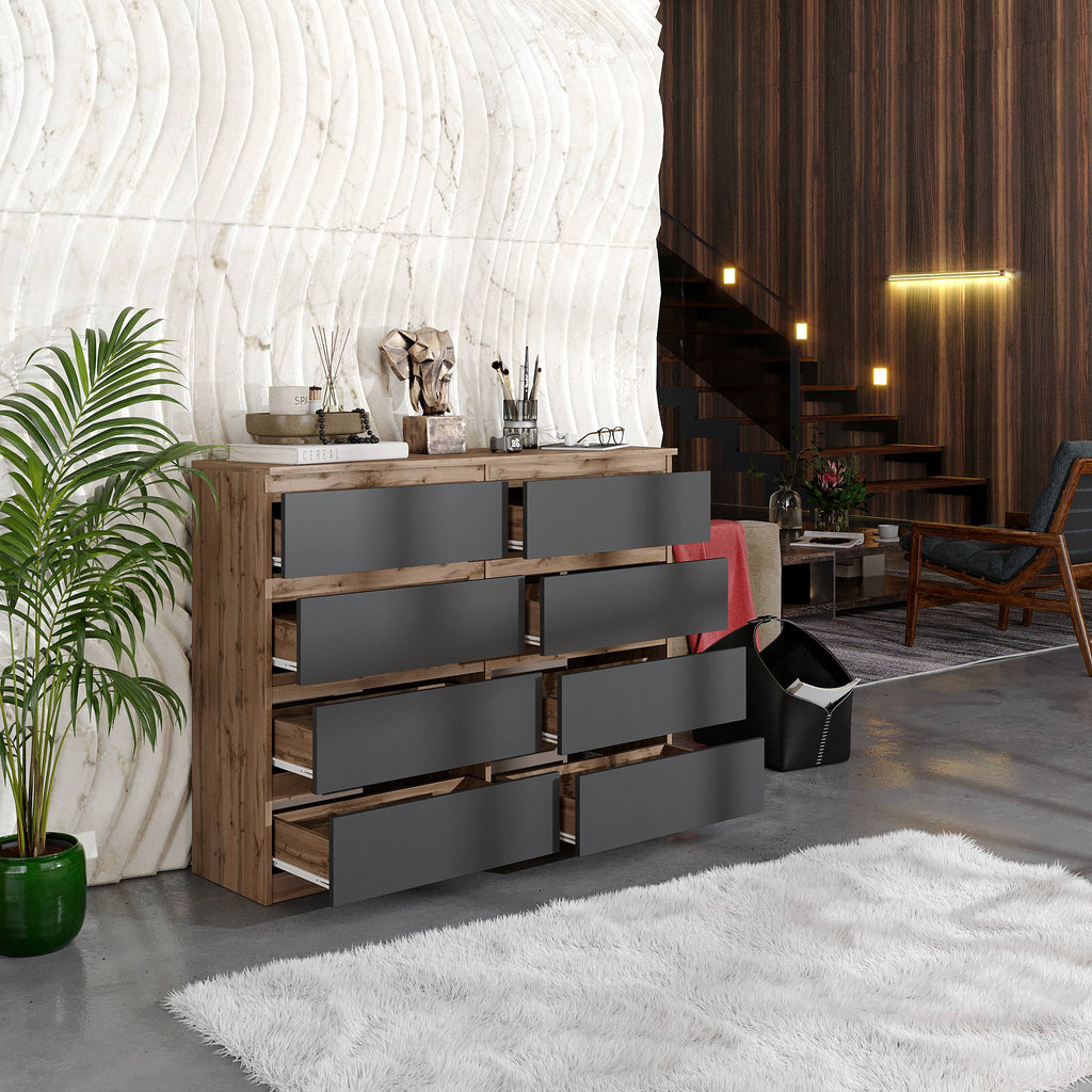 DANIEL Dressoir / Sideboard met 8 Laden – Wotan Eiken / Antraciet, MFC, H92 × B120 × D33 cm