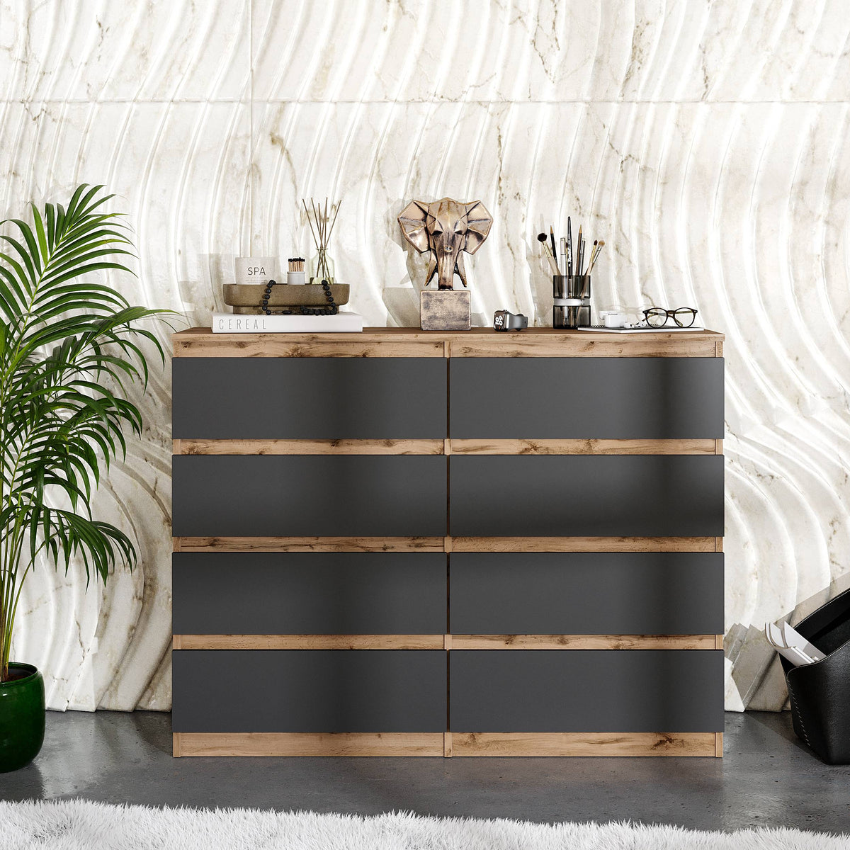 DANIEL Dressoir / Sideboard met 8 Laden – Wotan Eiken / Antraciet, MFC, H92 × B120 × D33 cm