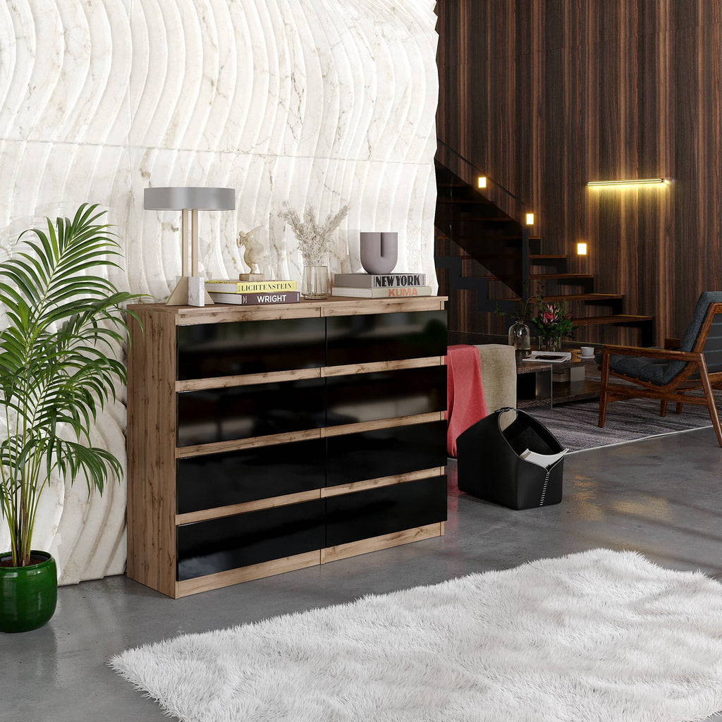 SAMUEL Dressoir / Sideboard met 8 Laden – Wotan Eiken / Zwart Hoogglans, MFC, H92 × B120 × D33 cm