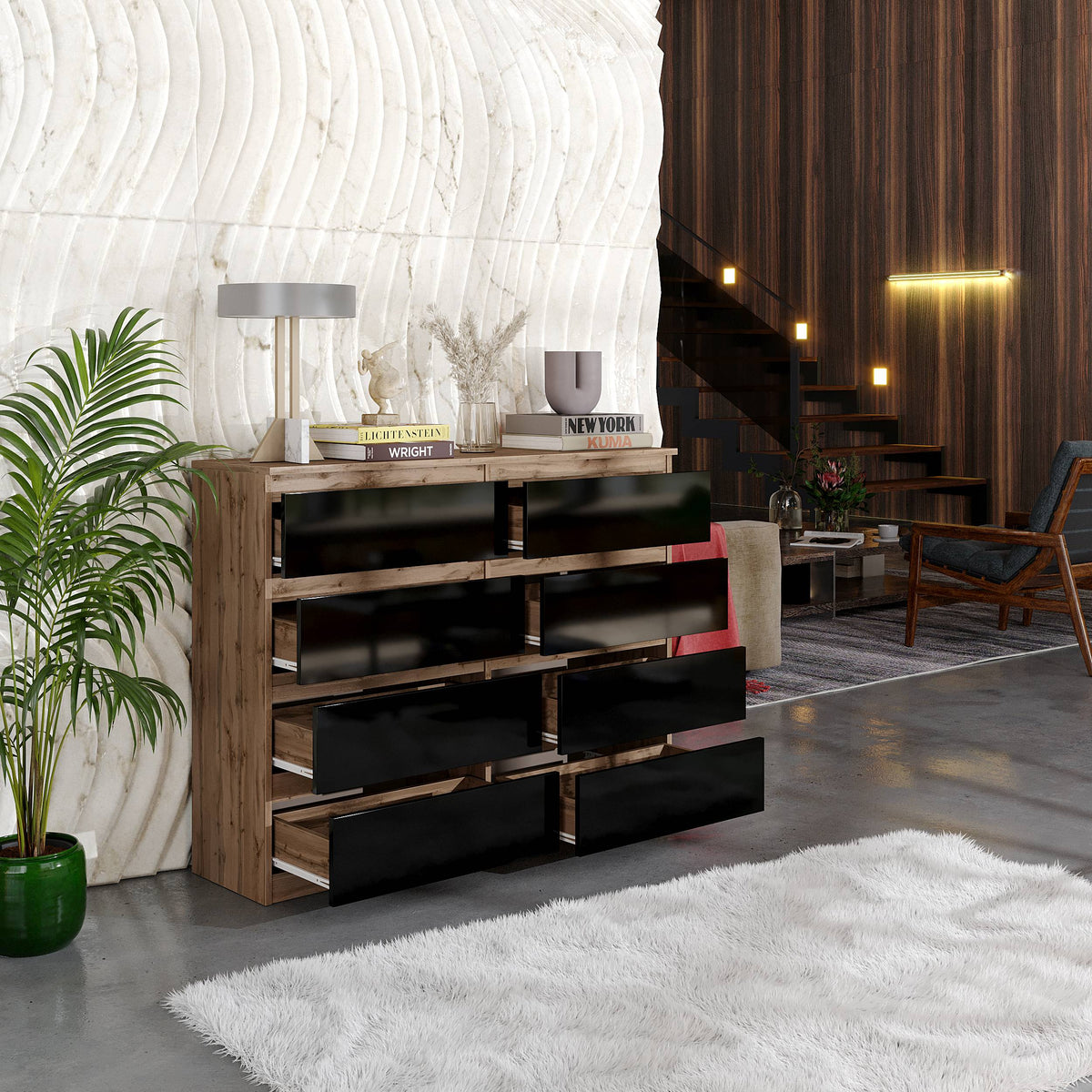 SAMUEL Dressoir / Sideboard met 8 Laden – Wotan Eiken / Zwart Hoogglans, MFC, H92 × B120 × D33 cm