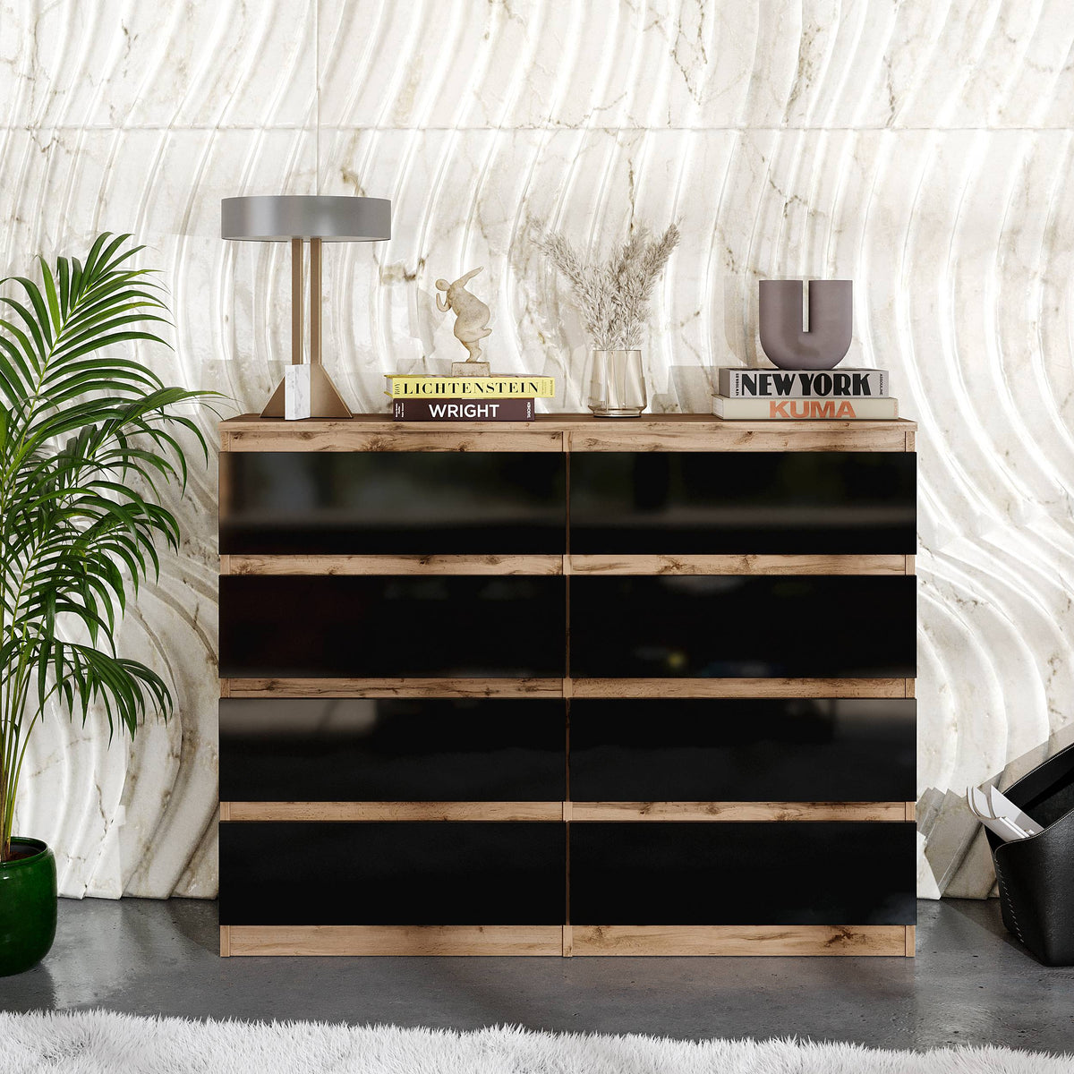 SAMUEL Dressoir / Sideboard met 8 Laden – Wotan Eiken / Zwart Hoogglans, MFC, H92 × B120 × D33 cm