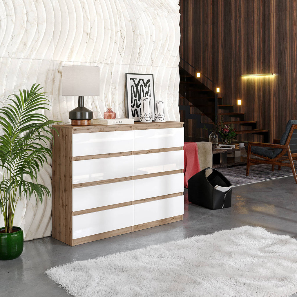 NATHAN Dressoir / Sideboard met 8 Laden – Wotan Eiken / Wit Hoogglans, MFC, H92 × B120 × D33 cm