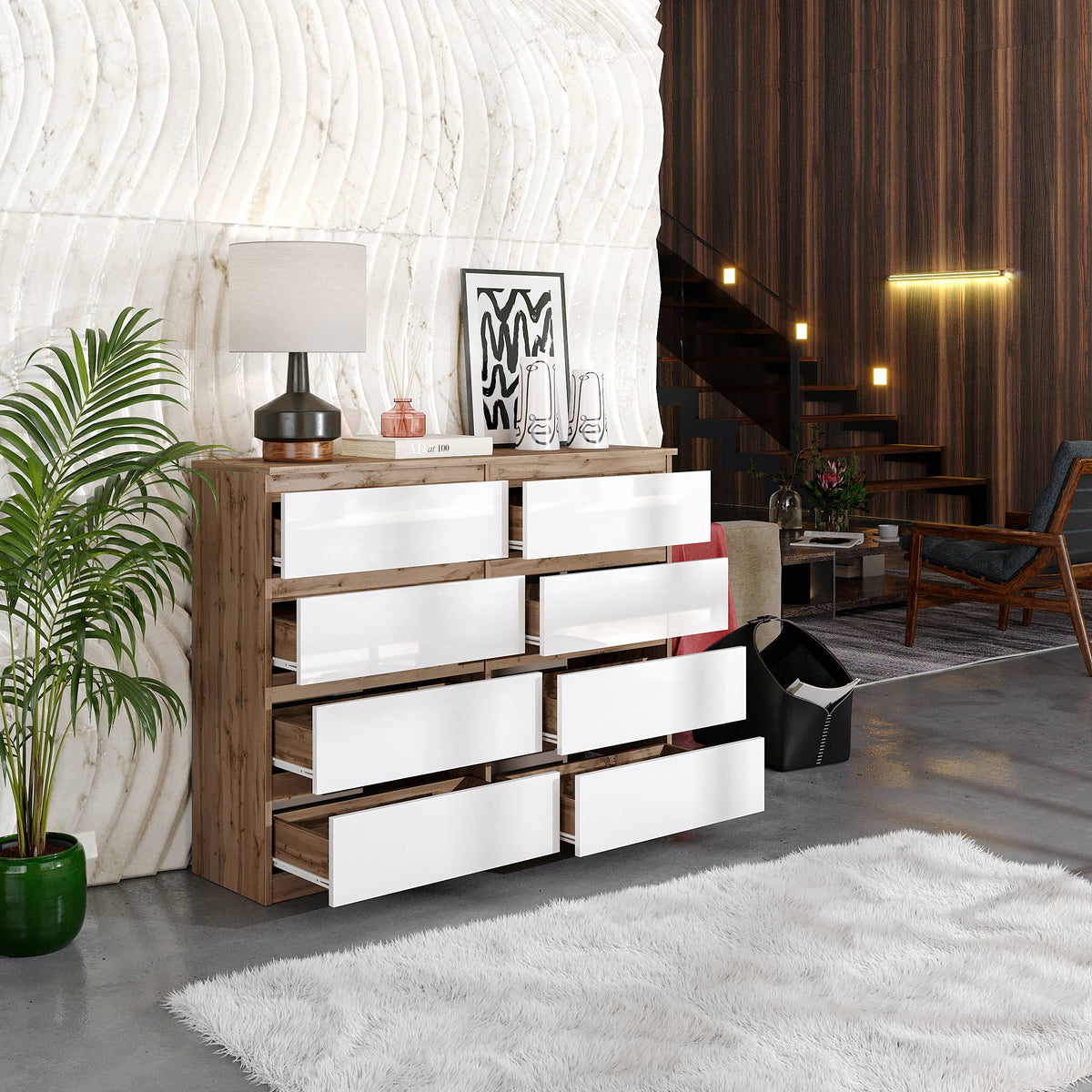 NATHAN Dressoir / Sideboard met 8 Laden – Wotan Eiken / Wit Hoogglans, MFC, H92 × B120 × D33 cm