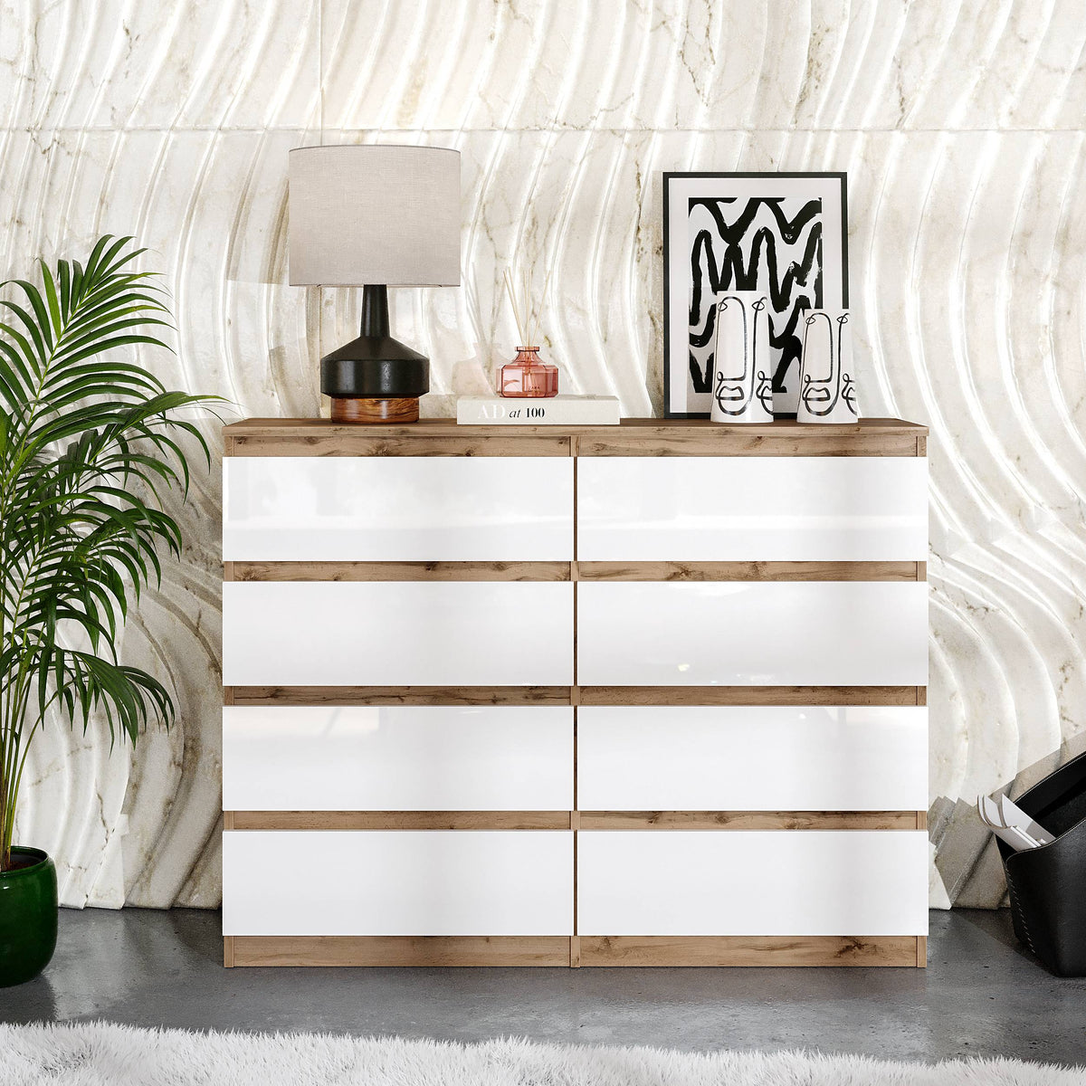 NATHAN Dressoir / Sideboard met 8 Laden – Wotan Eiken / Wit Hoogglans, MFC, H92 × B120 × D33 cm