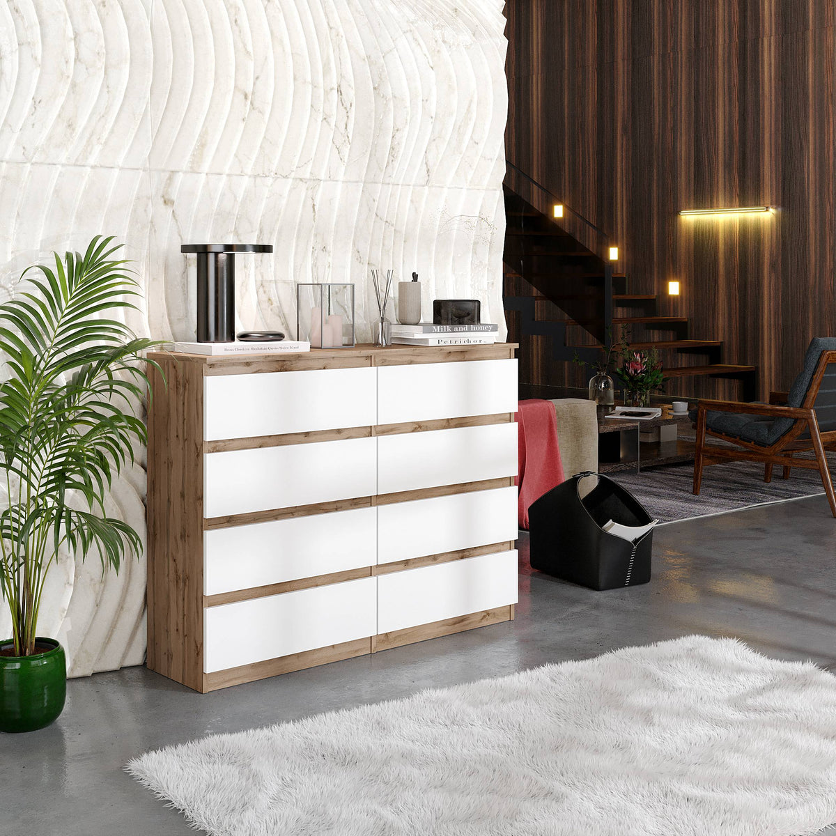 JASPER Dressoir / Sideboard met 8 Laden – Wotan Eiken / Wit Mat, MFC, H92 × B120 × D33 cm