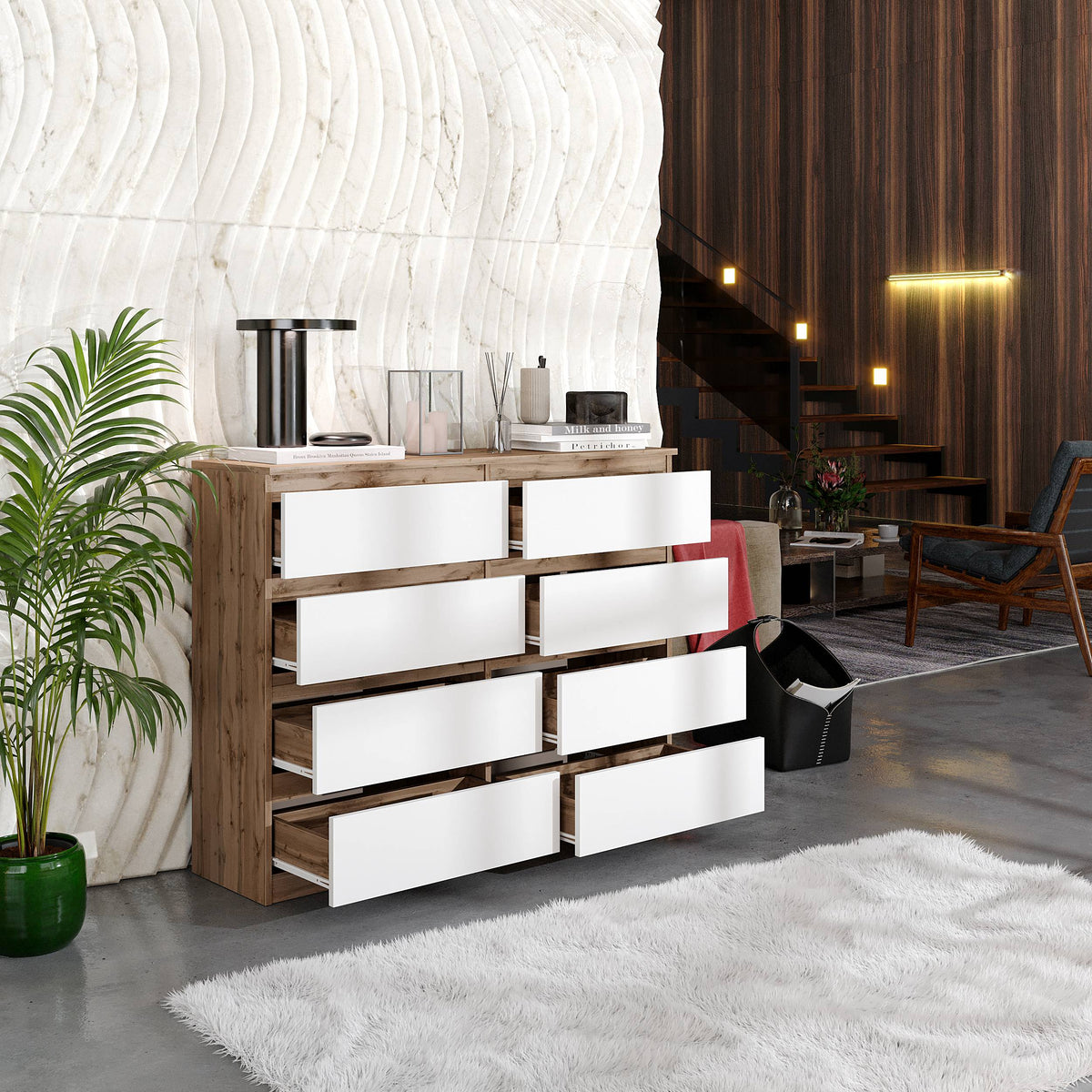 JASPER Dressoir / Sideboard met 8 Laden – Wotan Eiken / Wit Mat, MFC, H92 × B120 × D33 cm