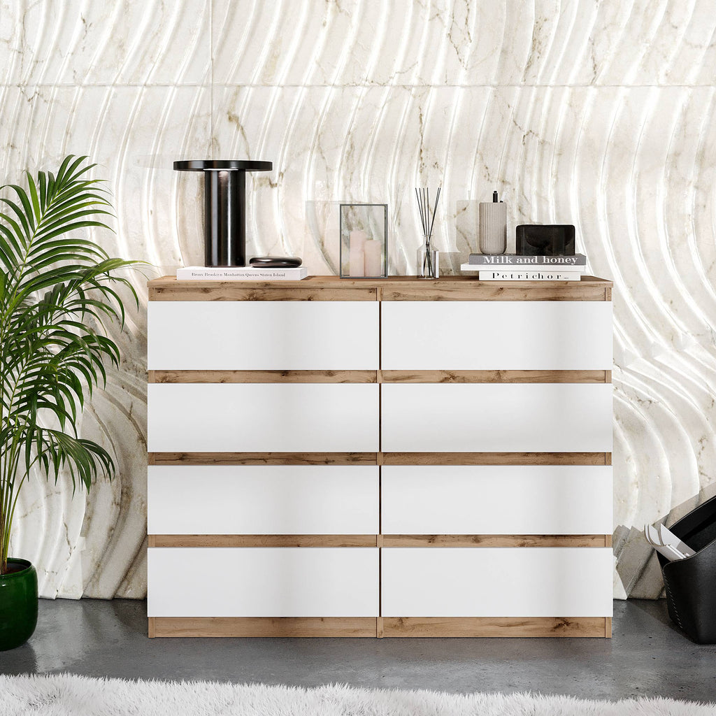 JASPER Dressoir / Sideboard met 8 Laden – Wotan Eiken / Wit Mat, MFC, H92 × B120 × D33 cm