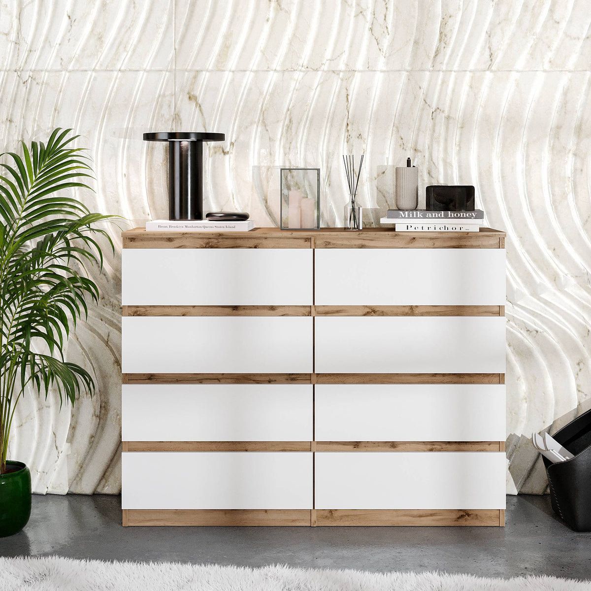 JASPER Dressoir / Sideboard met 8 Laden – Wotan Eiken / Wit Mat, MFC, H92 × B120 × D33 cm