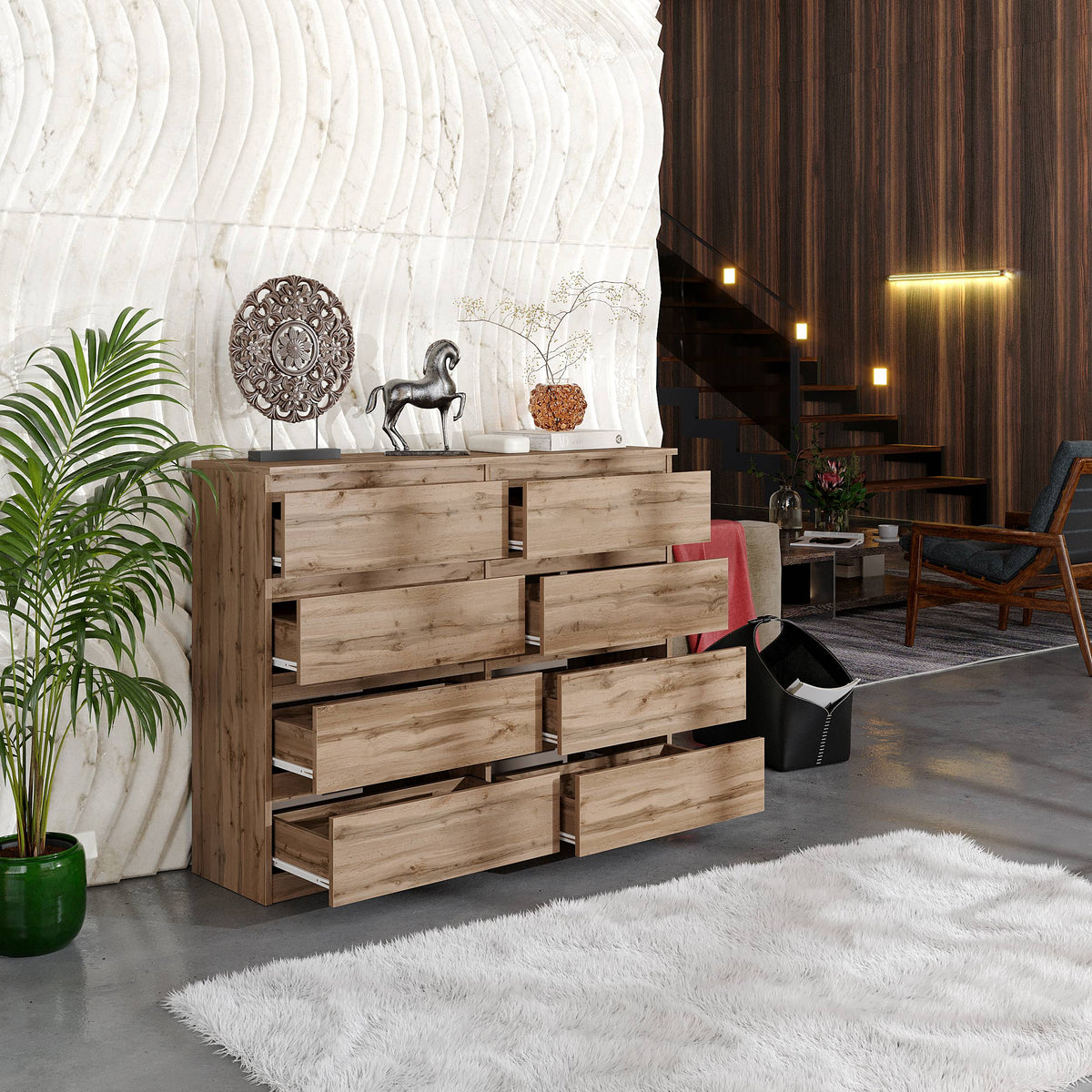 ARNOLD Dressoir / Sideboard met 8 Laden – Wotan Eiken, MFC, H92 × B120 × D33 cm