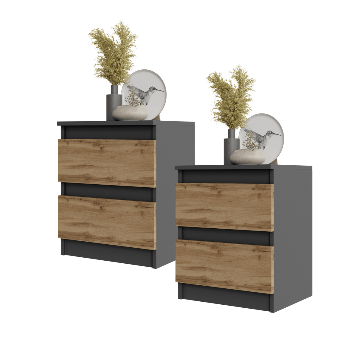 2x ADAM BIG Nachtkastje / Nachtkast met 2 Laden – Antraciet / Wotan Eiken, MFC, H50 × B41 × D33 cm