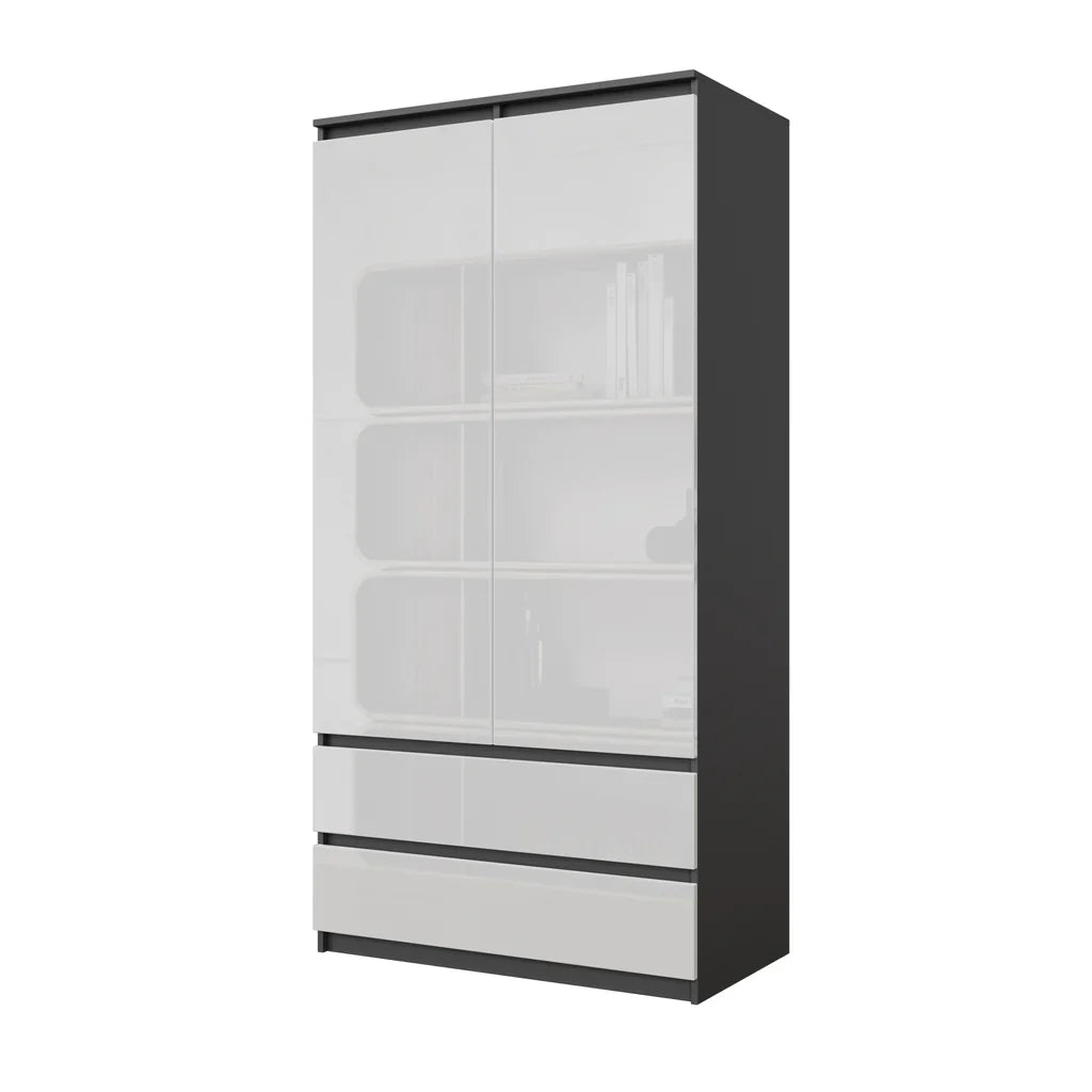 LAURENS Kledingkast 90 x 180 x 50 cm – 2 Deuren & 2 Lades, Antracietgrijs & Hoogglans Wit