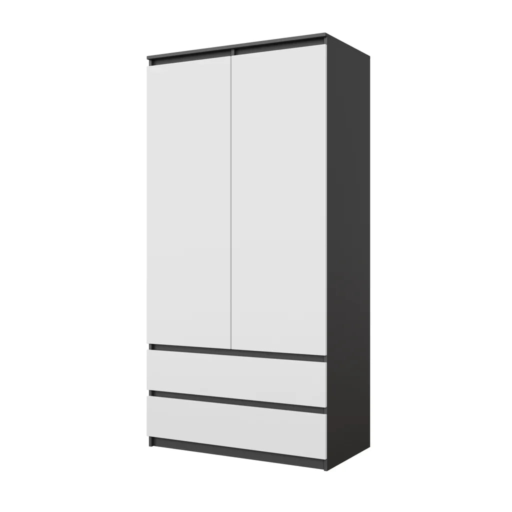 LAURENS Kledingkast 90 x 180 x 50 cm – 2 Deuren & 2 Lades, Antracietgrijs & Mat Wit