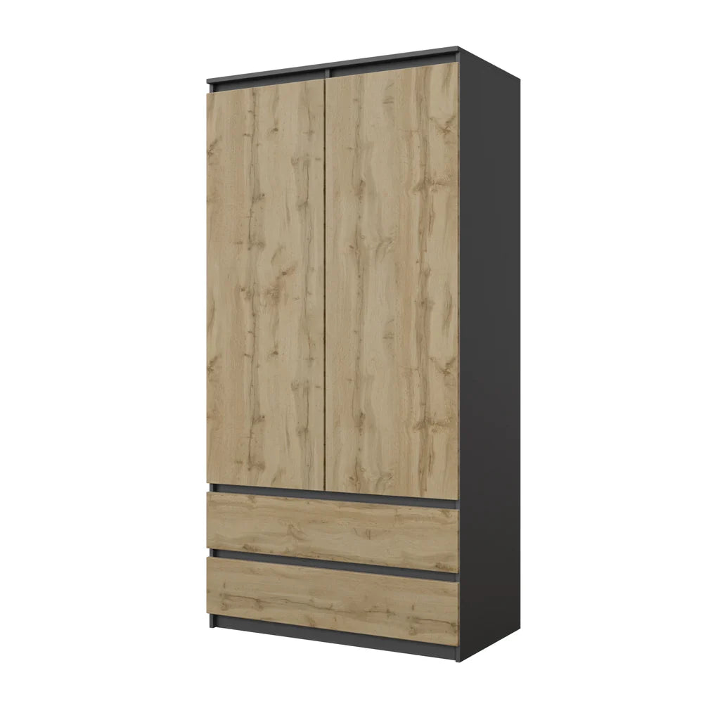 FRITZ Kledingkast 90 x 180 x 50 cm – 2 Deuren & 2 Lades, Antracietgrijs & Wotan Eiken