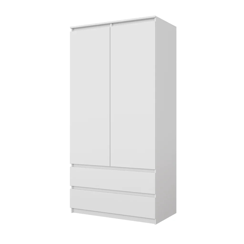 MARIUS Kledingkast 90 x 180 x 50 cm – 2 Deuren & 2 Lades, Mat Wit, Ruime Garderobekast