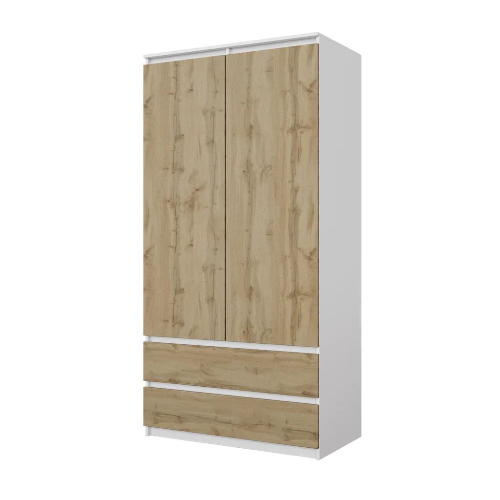 DIERK Kledingkast 90 x 180 x 50 cm – 2 Deuren & 2 Lades, Mat Wit & Wotan Eiken