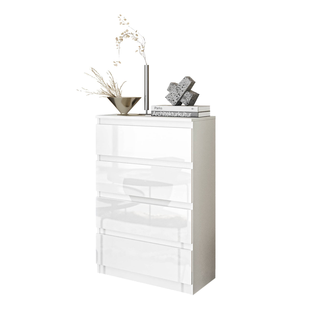 KIAN Dressoir / Sideboard met 4 Laden – Wit Mat / Wit Hoogglans, MFC, H92 × B60 × D33 cm