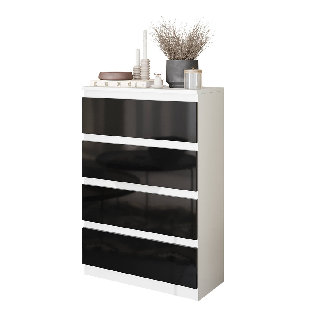 HARMEN Dressoir / Sideboard met 4 Laden – Wit Mat / Zwart Hoogglans, MFC, H92 × B60 × D33 cm