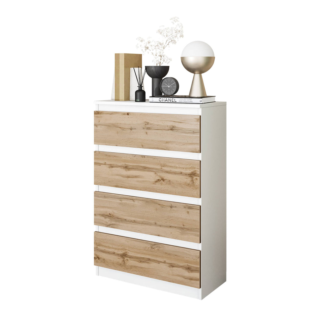 IGOR Dressoir / Sideboard met 4 Laden – Wit Mat / Wotan Eiken, MFC, H92 × B60 × D33 cm