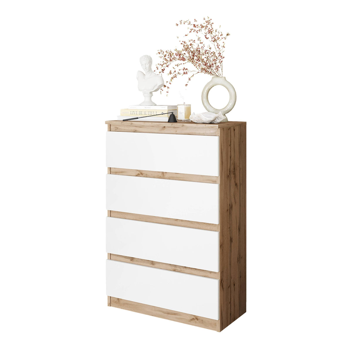 JASPER Dressoir / Sideboard met 4 Laden – Wotan Eiken / Wit Mat, MFC, H92 × B60 × D33 cm