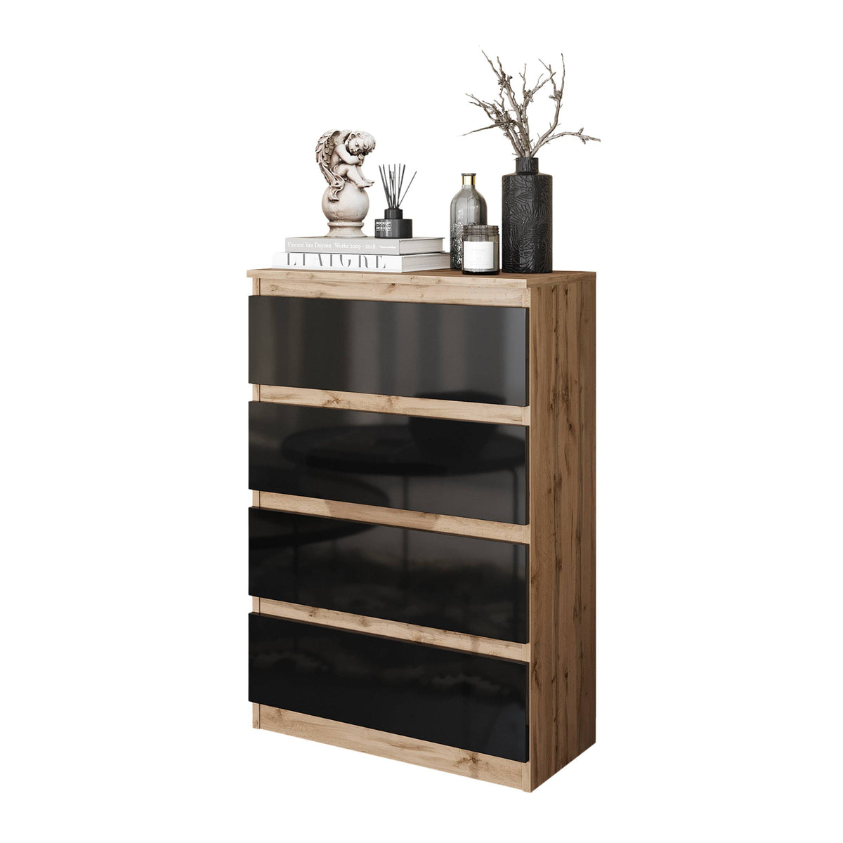 SAMUEL Dressoir / Sideboard met 4 Laden – Wotan Eiken / Zwart Hoogglans, MFC, H92 × B60 × D33 cm
