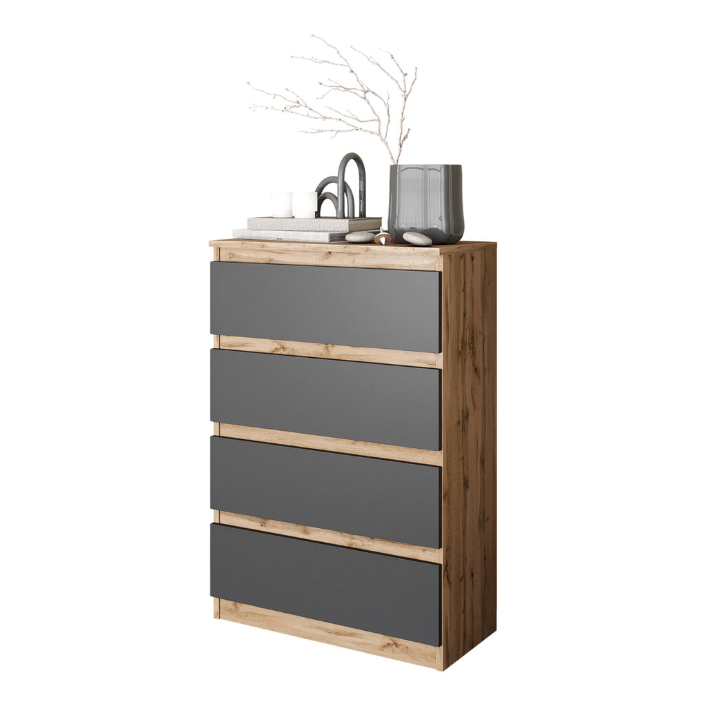 DANIEL Dressoir / Sideboard met 4 Laden – Wotan Eiken / Antraciet, MFC, H92 × B60 × D33 cm